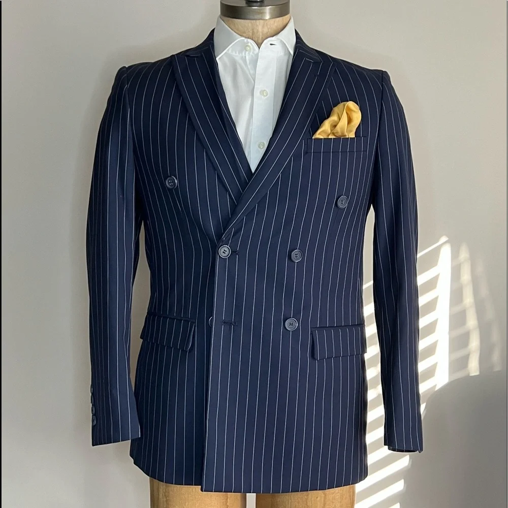 Pinstripe slim fit double-breast navy blue suit - Picture 2 of 4